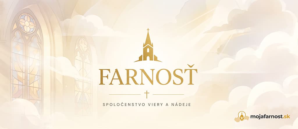 mojafarnost.sk — úvodný banner stránky farnosti so siluetou kostola, vitrážami a heslom „spoločenstvo viery a nádeje“.
