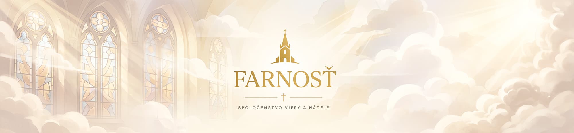 mojafarnost.sk — úvodný banner stránky farnosti so siluetou kostola, vitrážami a heslom „spoločenstvo viery a nádeje“.