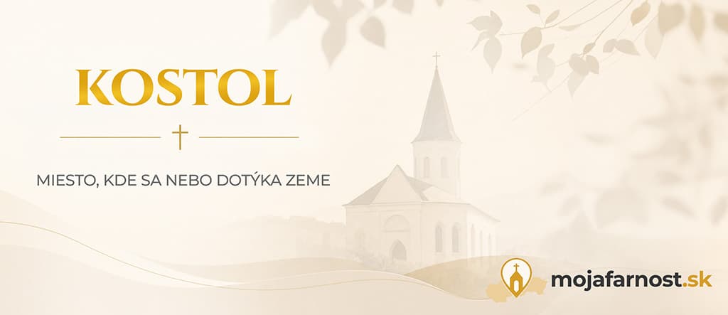 mojafarnost.sk — úvodný banner stránky kostola s vežou a krížom v krajine a heslom „miesto, kde sa nebo dotýka zeme“.
