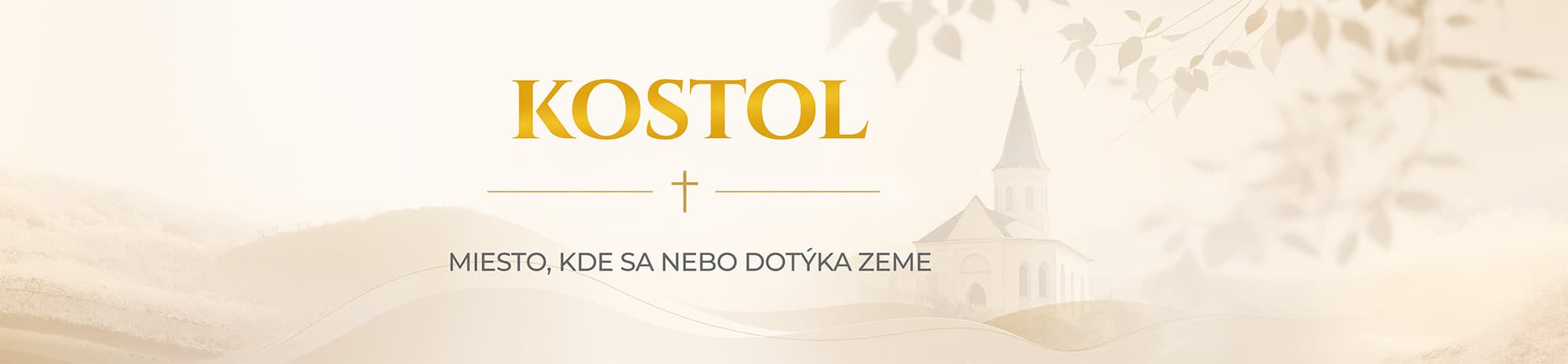 mojafarnost.sk — úvodný banner stránky kostola s vežou a krížom v krajine a heslom „miesto, kde sa nebo dotýka zeme“.